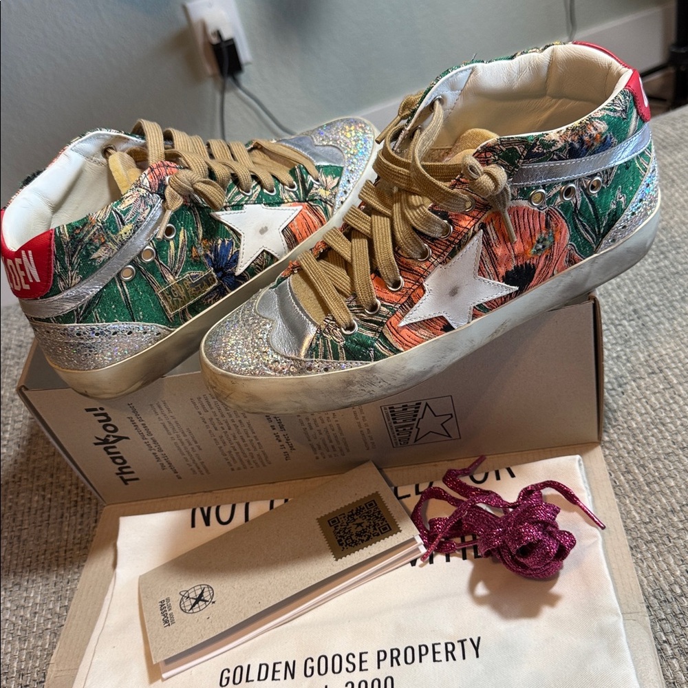 Golden‎ Goose Midstar Poppies Jacquard Upper Leather Silver Glitter Tan EU38